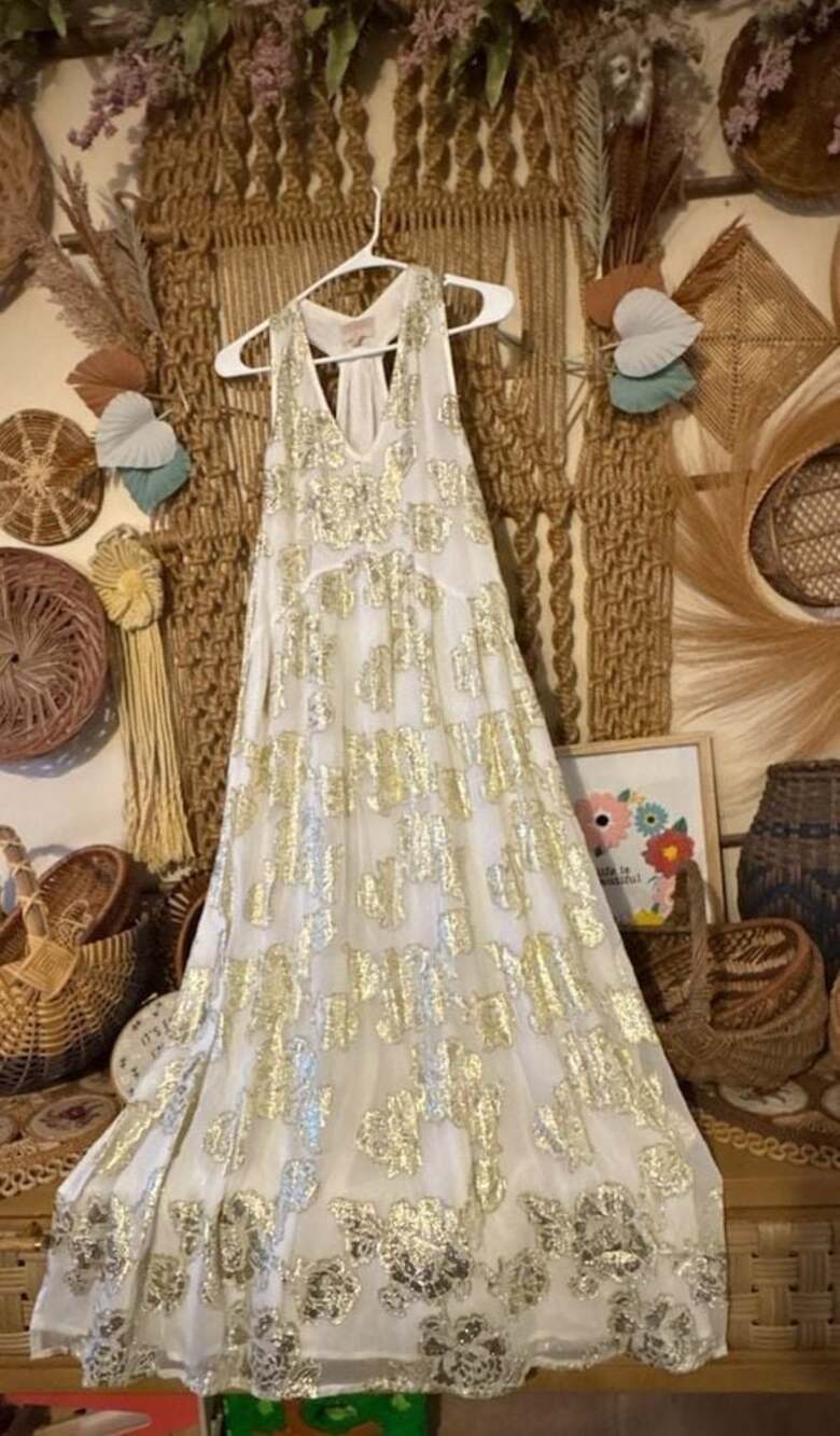 Ciebon White and Gold Metallic Floral Brocade Maxi Dress Size XS